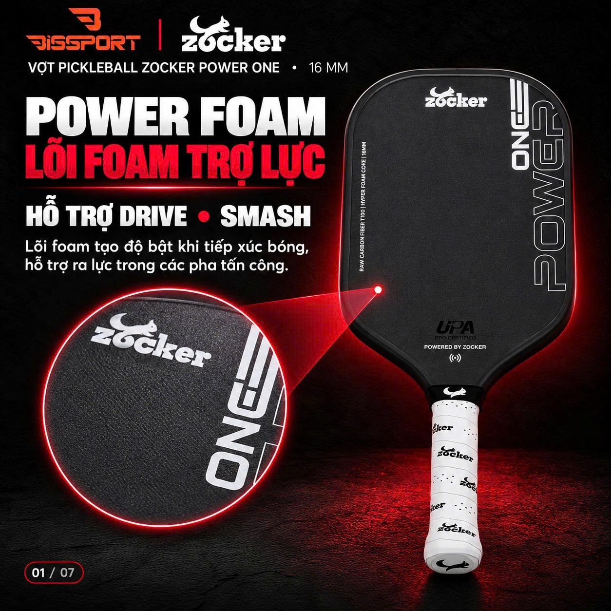 Vợt Pickleball Zocker Power One 16mm Chính Hãng - Màu Hồng  - Lõi Foam - Mặt Carbon T700 Nhám Trợ Lực Tốt - Tạo Xoáy